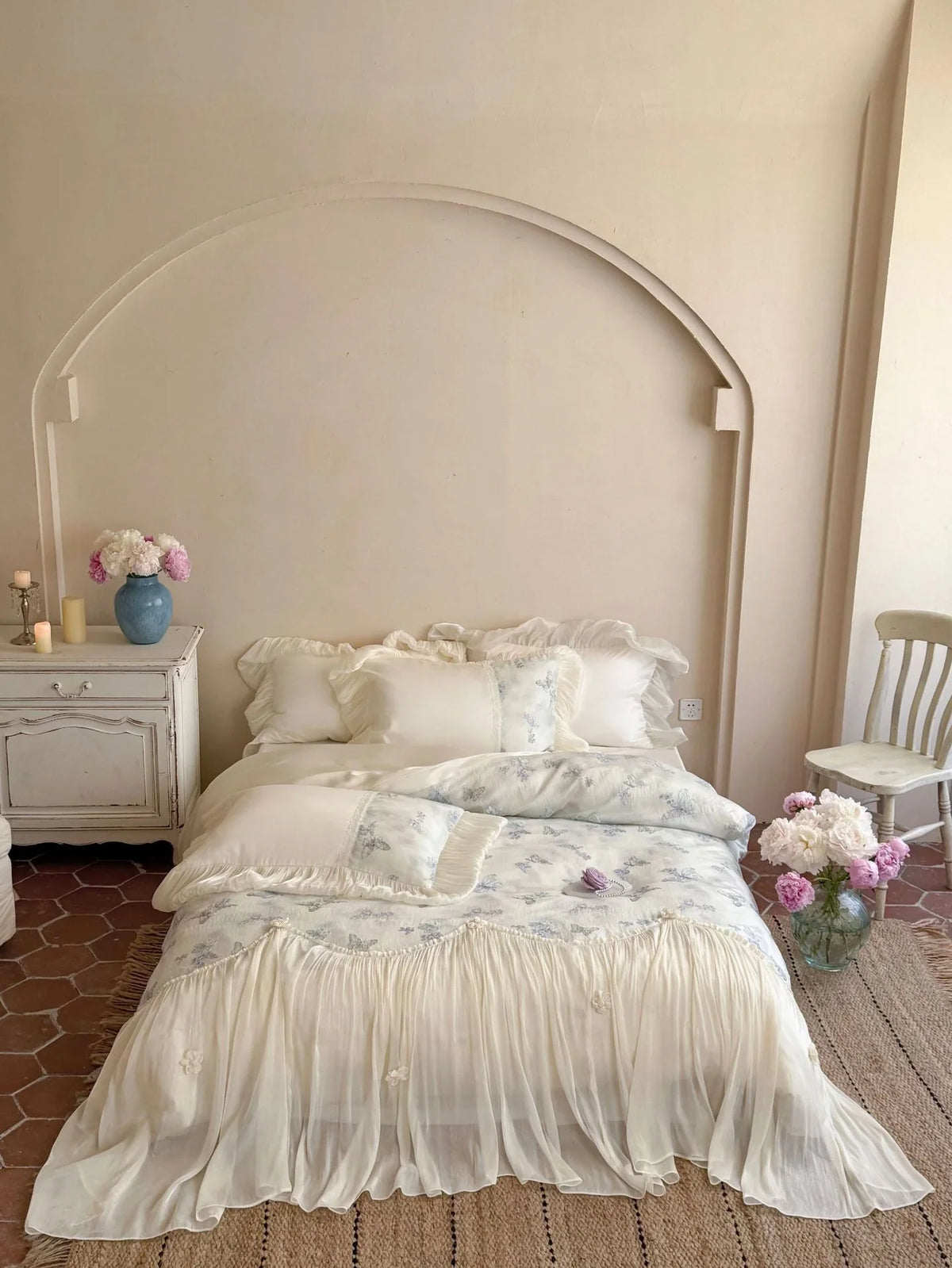 Bedding Set Cotton Blend Chiffon Ruffle & Embroidered Butterfly