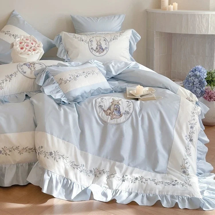 Bedding Set Cotton Blend Floral Embroidery Ruffle Edge