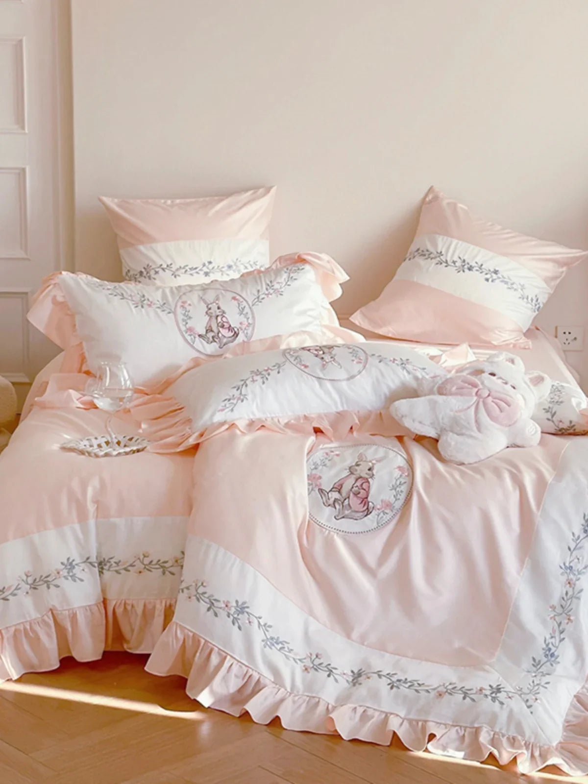Bedding Set Cotton Blend Floral Embroidery Ruffle Edge