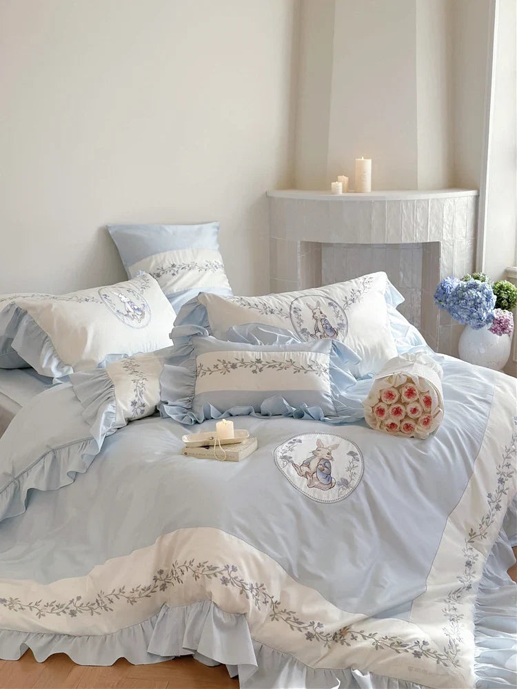 Bedding Set Cotton Blend Floral Embroidery Ruffle Edge