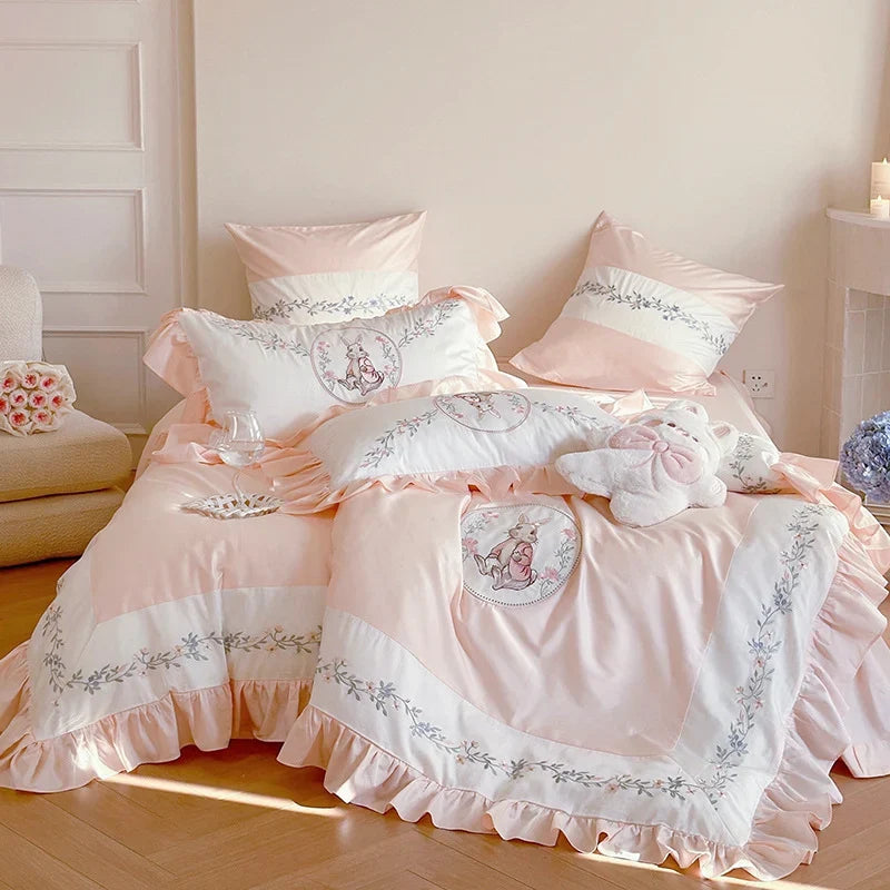 Bedding Set Cotton Blend Floral Embroidery Ruffle Edge
