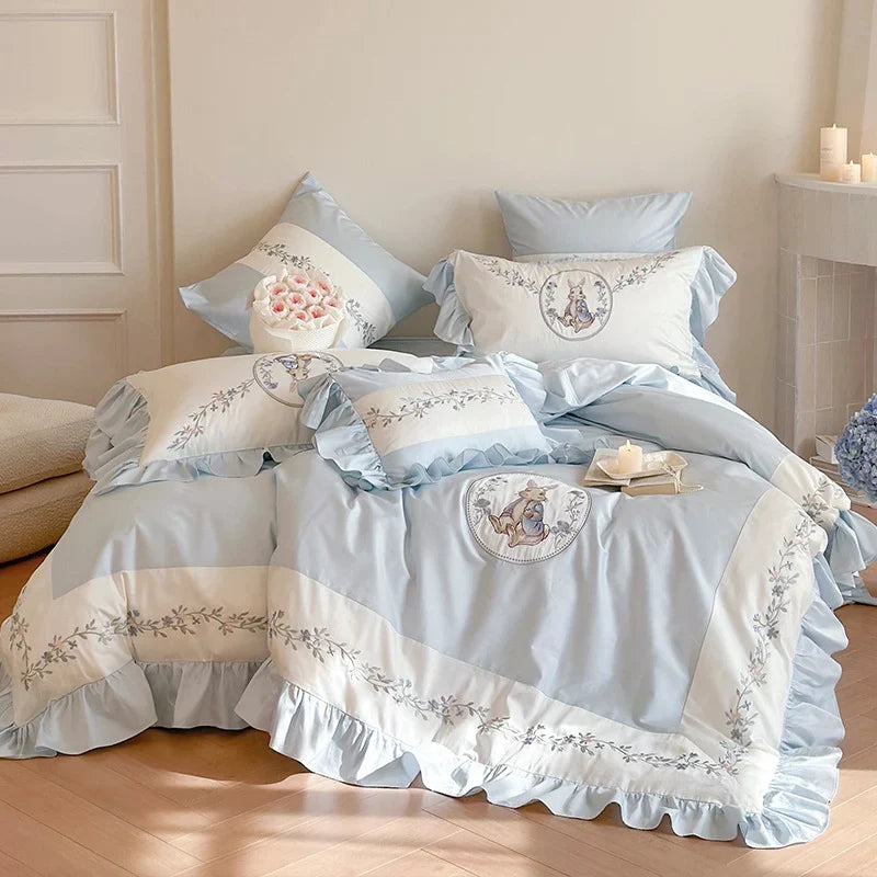 Bedding Set Cotton Blend Floral Embroidery Ruffle Edge