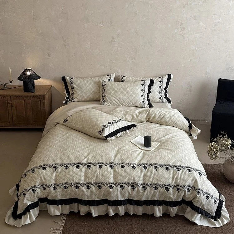 Bedding Set Cotton Blend Floral Embroidery & Ruffled Edges