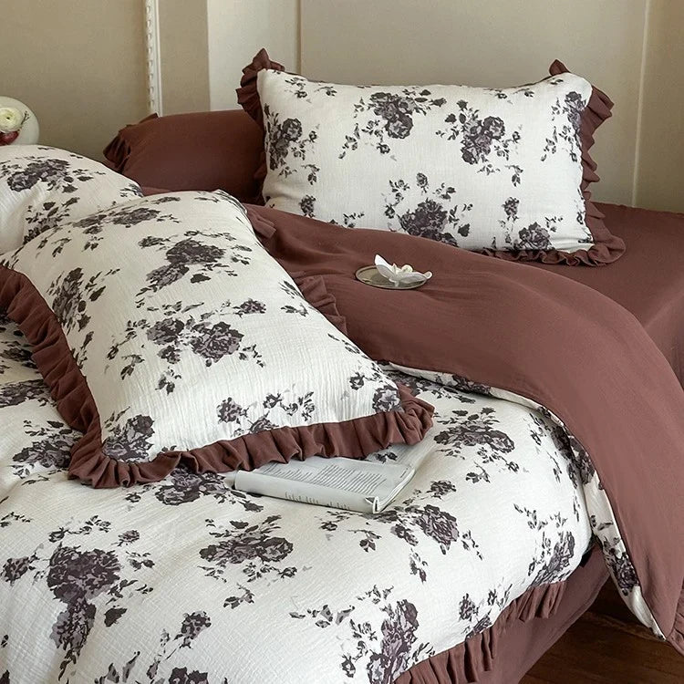 Bedding Set Cotton Gauze Floral Ruffle 4-Piece