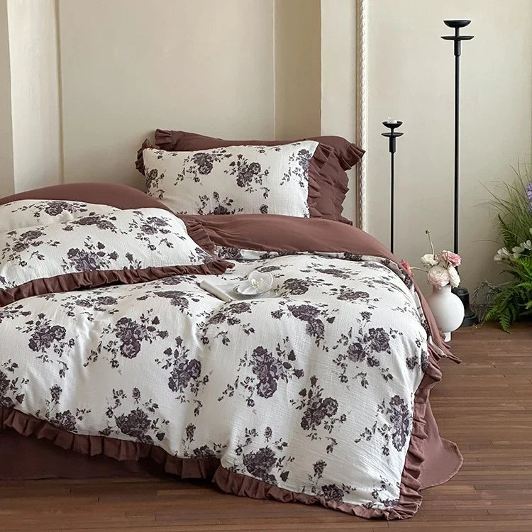 Bedding Set Cotton Gauze Floral Ruffle 4-Piece