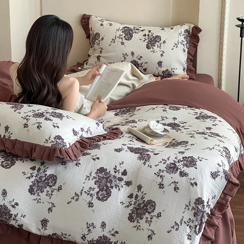 Bedding Set Cotton Gauze Floral Ruffle 4-Piece