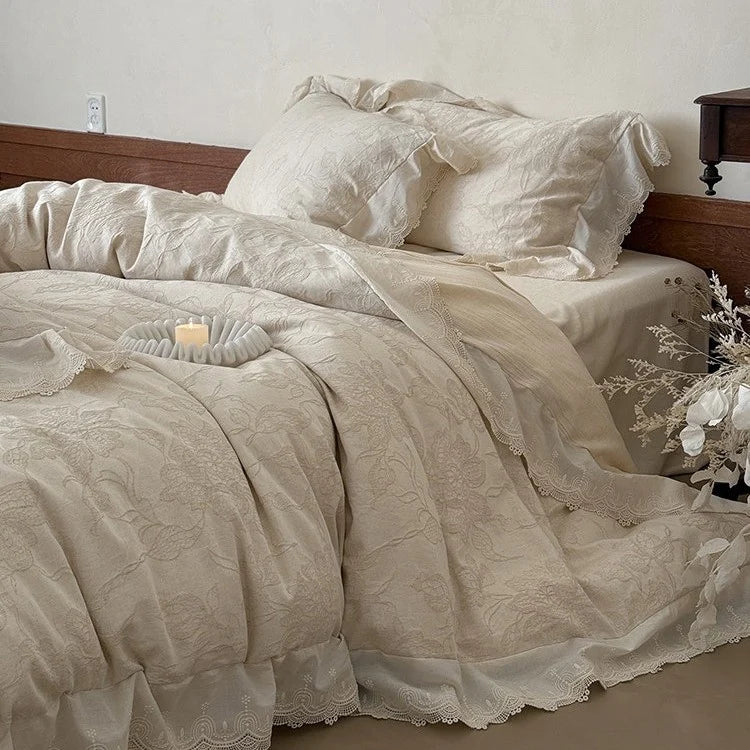 Bedding Set Cotton Jacquard Floral Lace 4 Piece