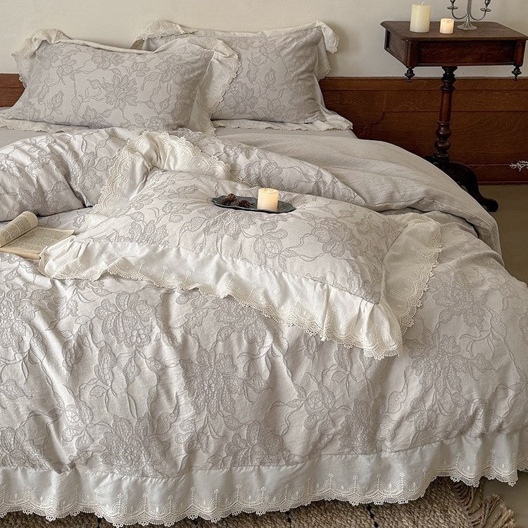 Bedding Set Cotton Jacquard Floral Lace 4 Piece