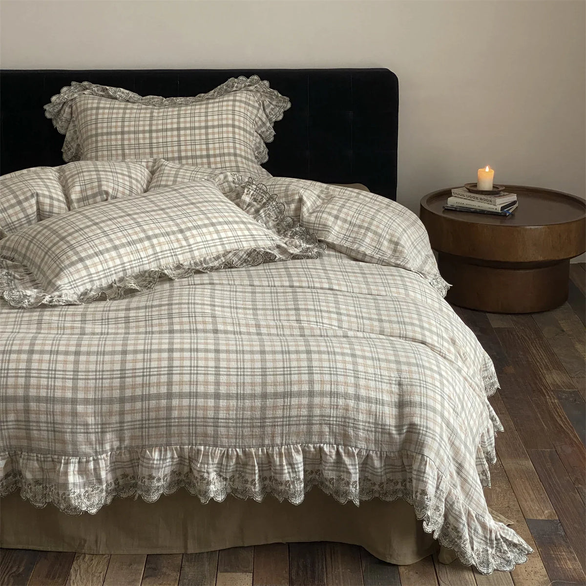 Bedding Set Cotton-Linen Check Lace Ruffles