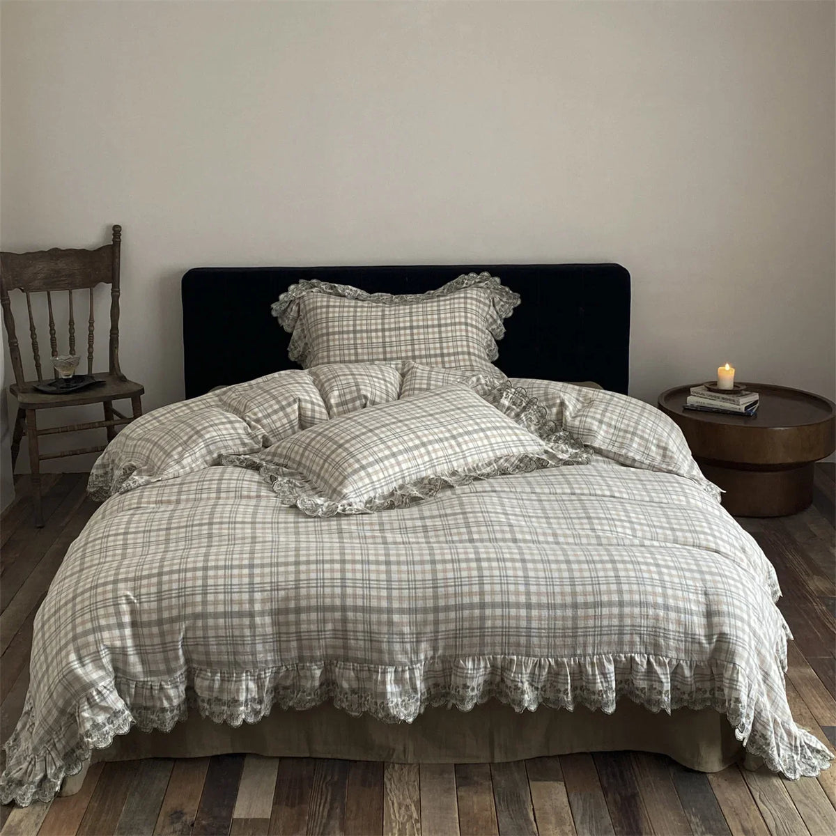 Bedding Set Cotton-Linen Check Lace Ruffles