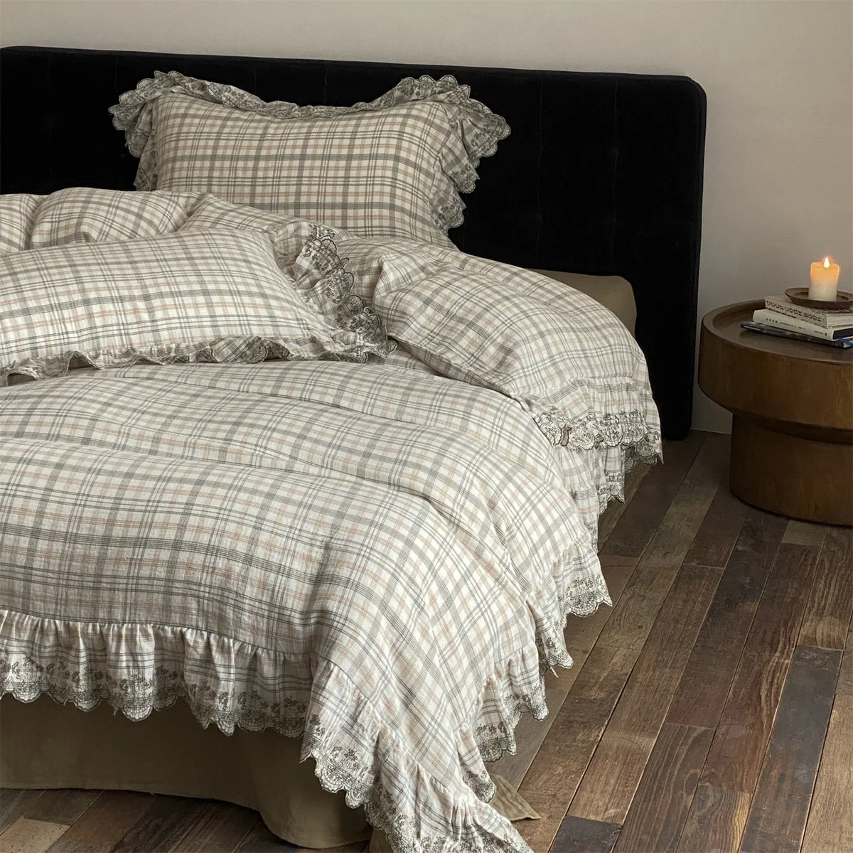 Bedding Set Cotton-Linen Check Lace Ruffles