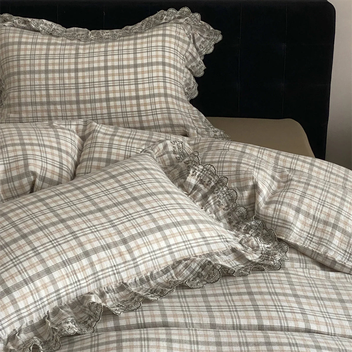 Bedding Set Cotton-Linen Check Lace Ruffles