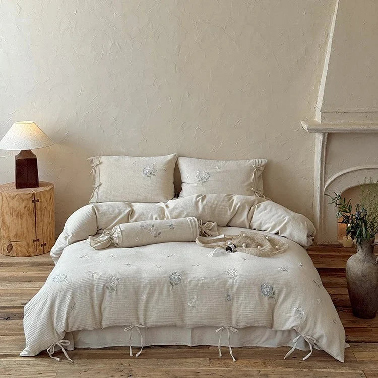 Bedding Set Cotton-Linen Floral Embroidery 4-Piece