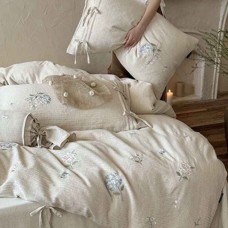 Bedding Set Cotton-Linen Floral Embroidery 4-Piece