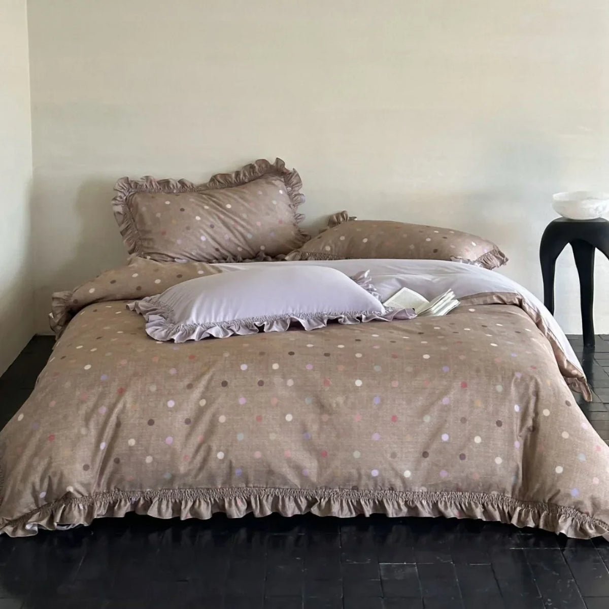 Bedding Set Cotton-Linen Reversible Polka Dot Ruffled Edges