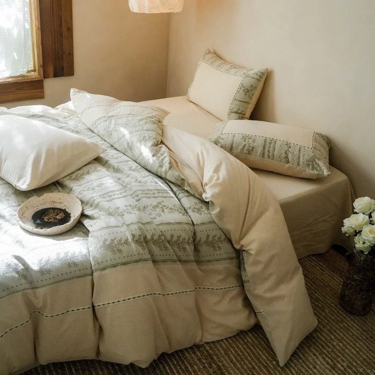 Bedding Set Cotton-Linen Subtle Floral Stripe