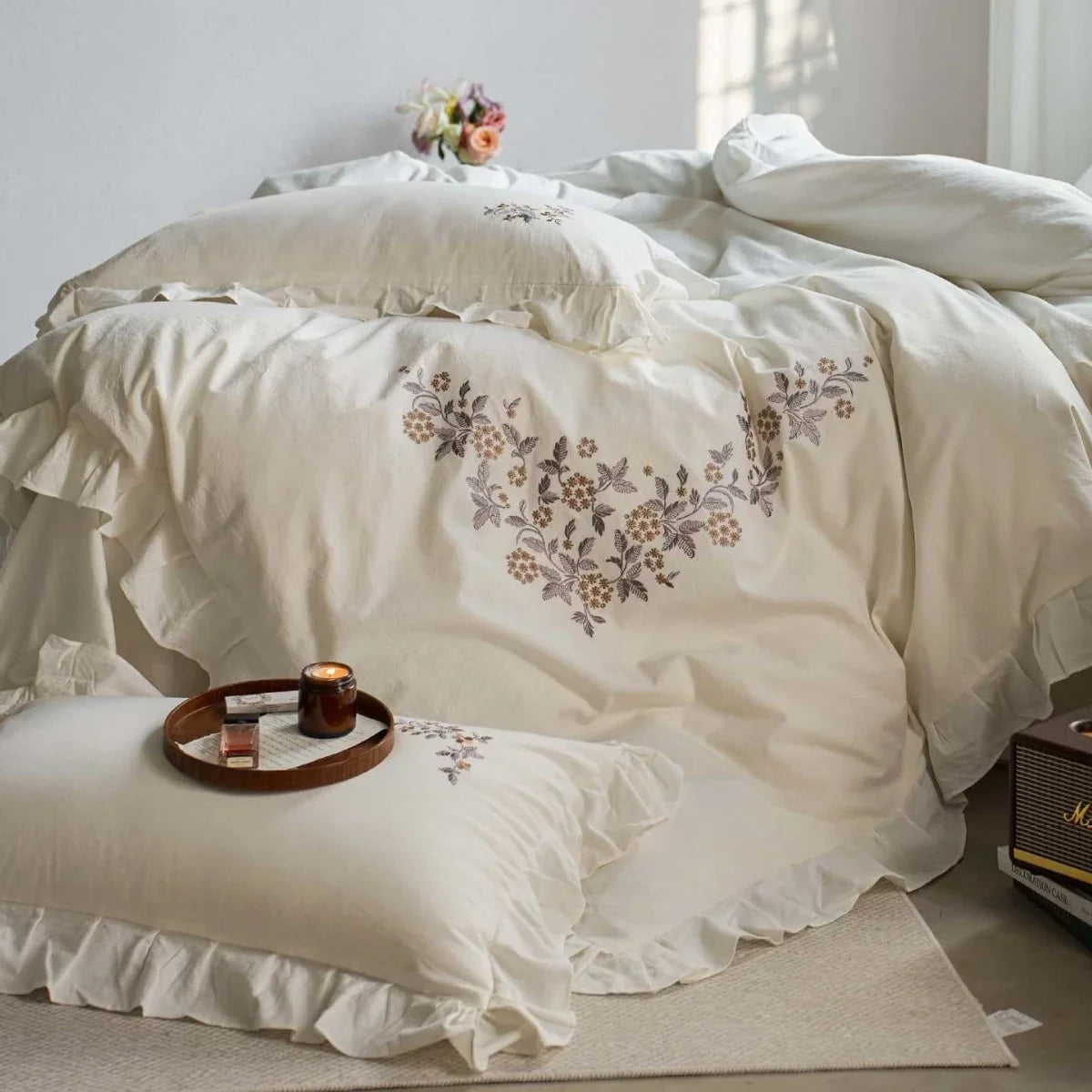 Bedding Set Cotton Percale Floral Embroidery & Ruffled Trim