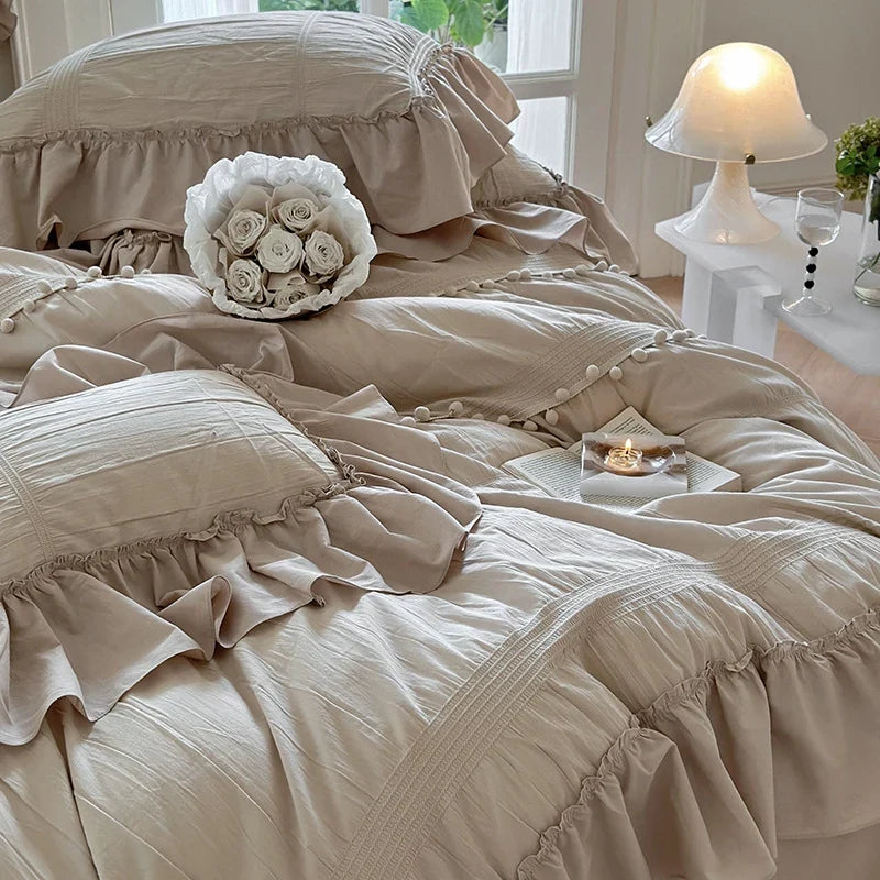 Bedding Set Cotton Percale Ruffled Flounce & Pompom Trim 4-Piece