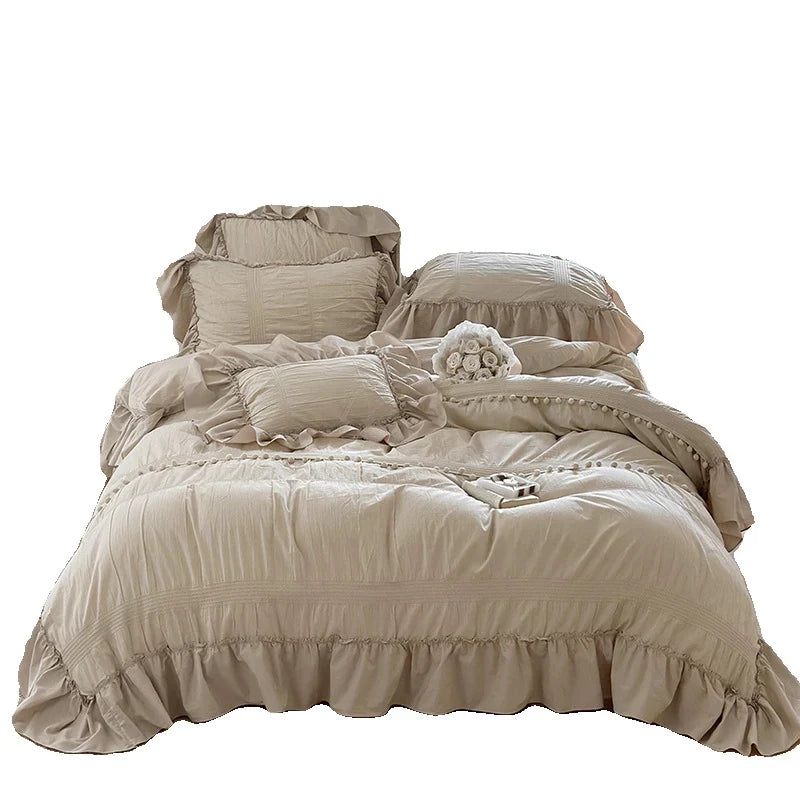 Bedding Set Cotton Percale Ruffled Flounce & Pompom Trim 4-Piece