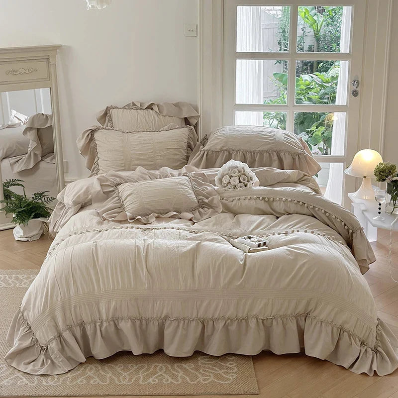 Bedding Set Cotton Percale Ruffled Flounce & Pompom Trim 4-Piece