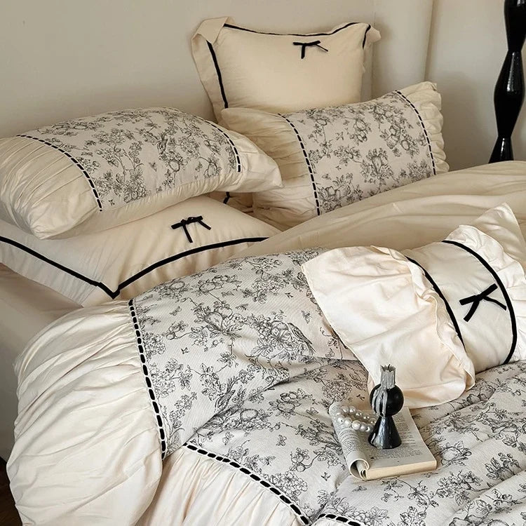 Bedding Set Cotton Percale Toile Print Ruffle Trim 4-Piece