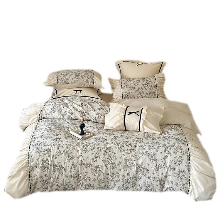 Bedding Set Cotton Percale Toile Print Ruffle Trim 4-Piece