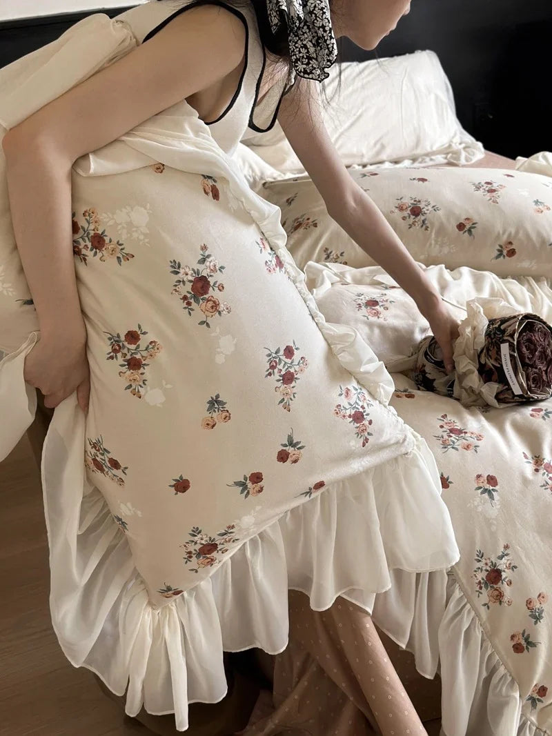 Bedding Set Cotton Percale Vintage Rose Ruffled Hem