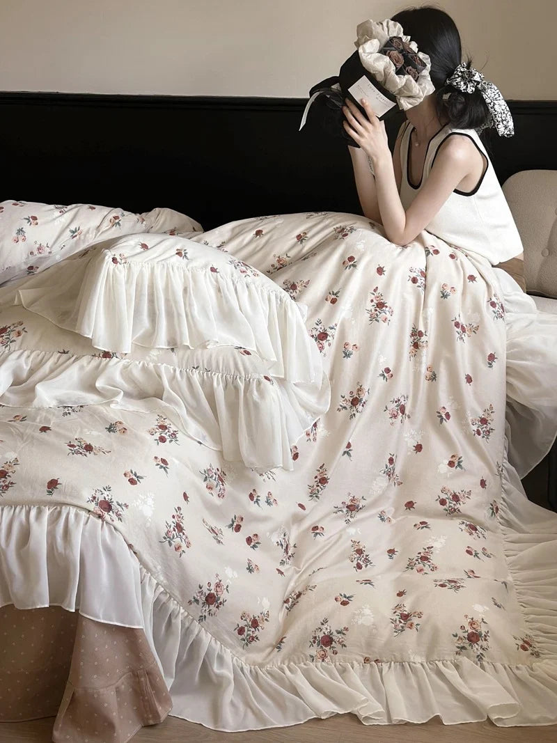 Bedding Set Cotton Percale Vintage Rose Ruffled Hem