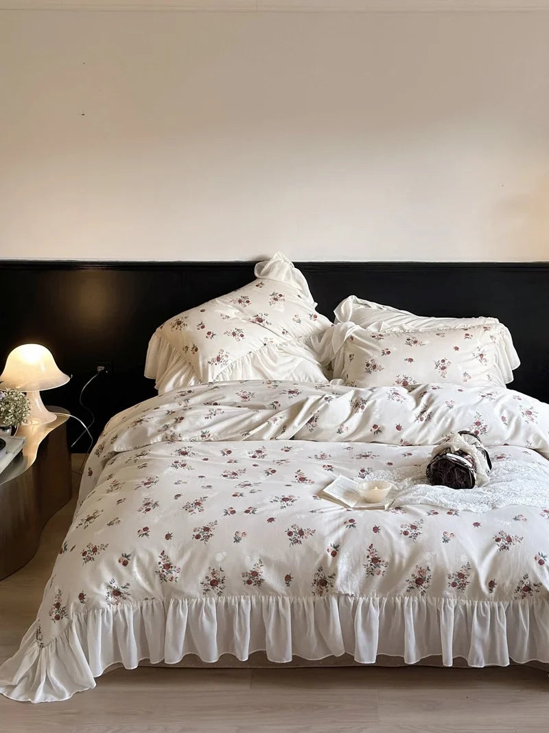 Bedding Set Cotton Percale Vintage Rose Ruffled Hem