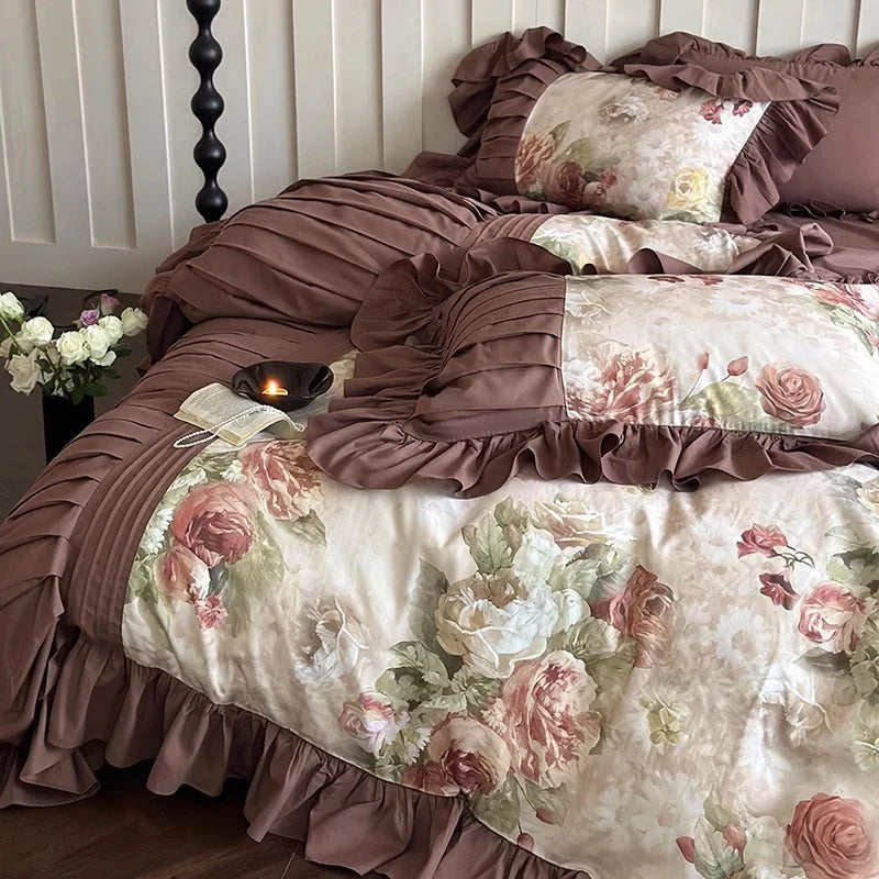 Bedding Set Cotton Sateen Floral Ruffle Trim