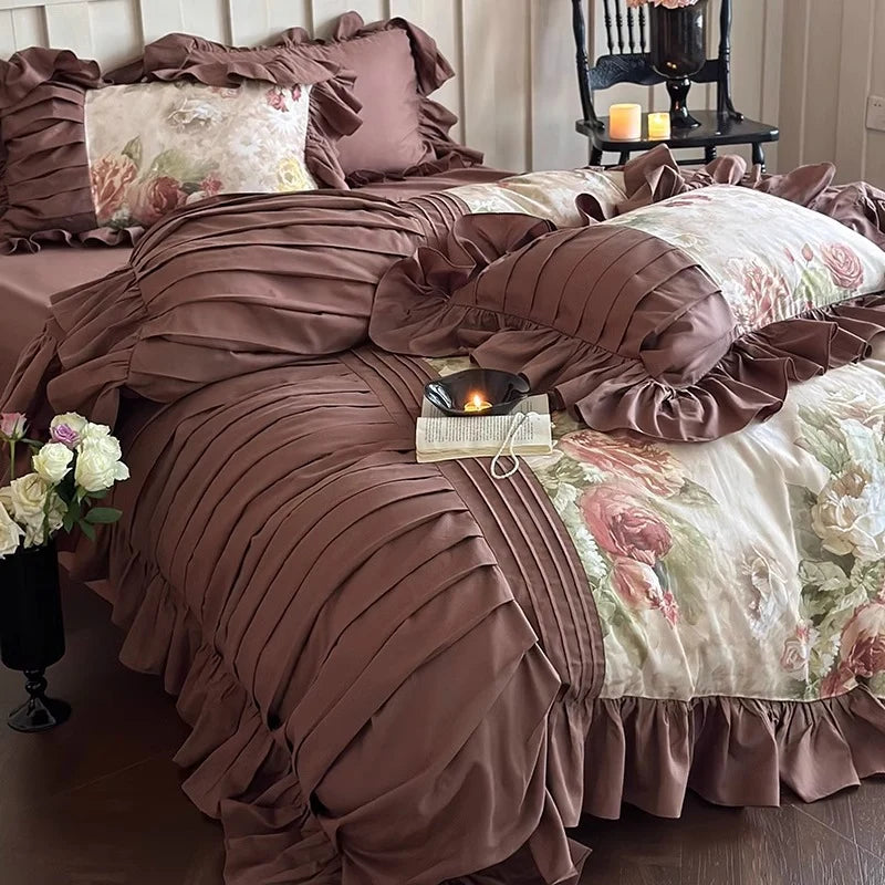 Bedding Set Cotton Sateen Floral Ruffle Trim
