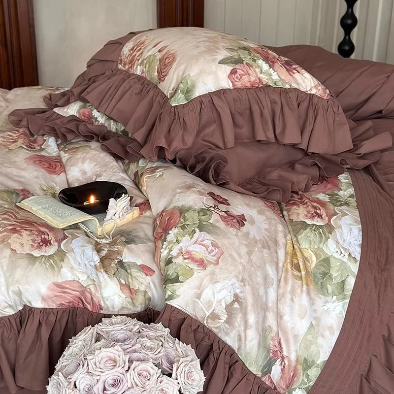 Bedding Set Cotton Sateen Floral Ruffle Trim