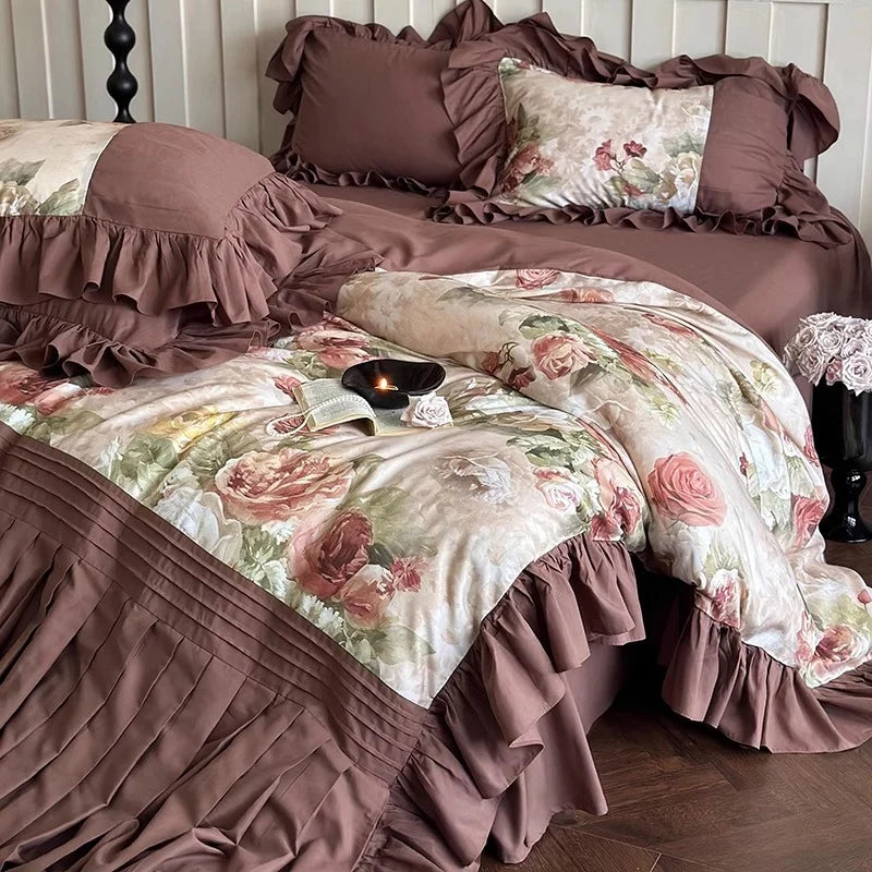 Bedding Set Cotton Sateen Floral Ruffle Trim