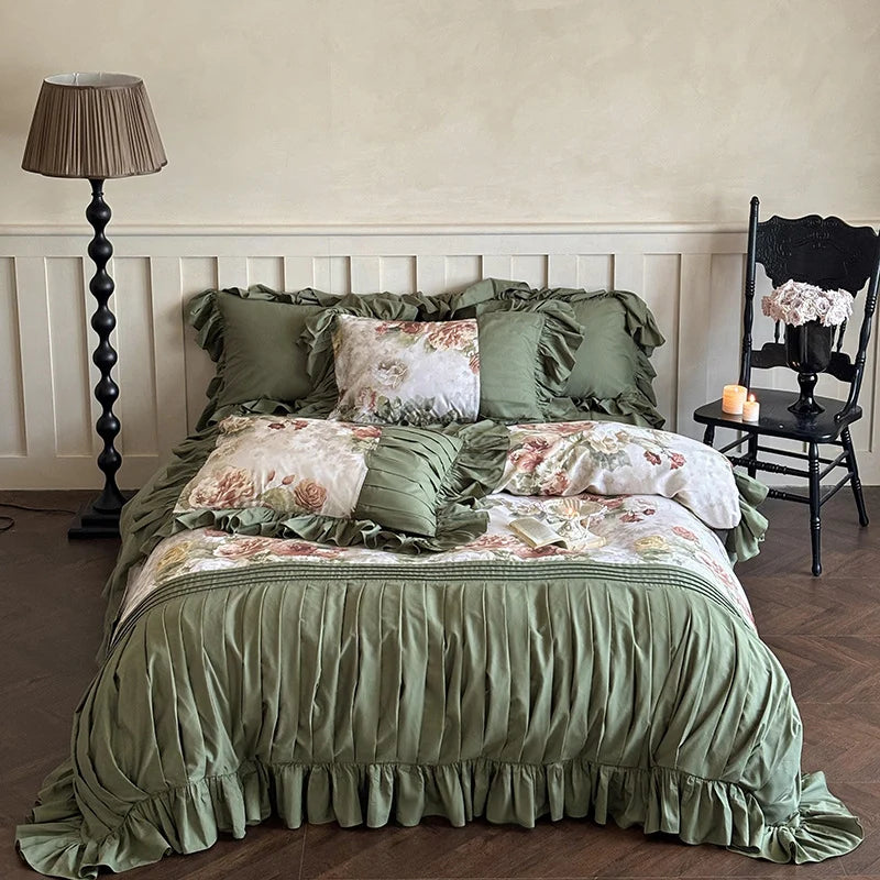 Bedding Set Cotton Sateen Floral Ruffle Trim