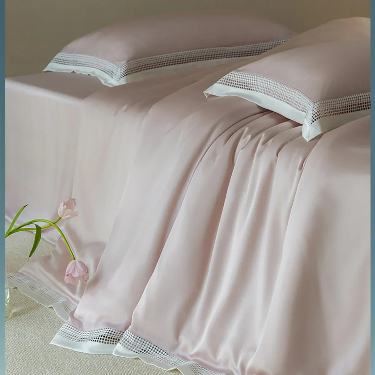 Bedding Set Cotton Satin Ajour Trim Hotel Closure