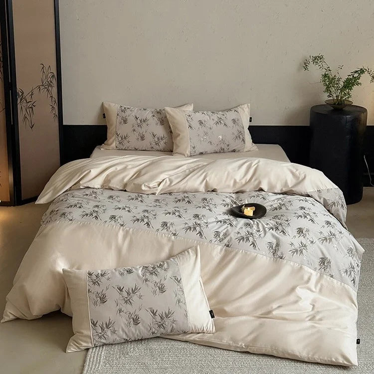 Bedding Set Cotton Satin Bamboo Leaf Print Machine Washable