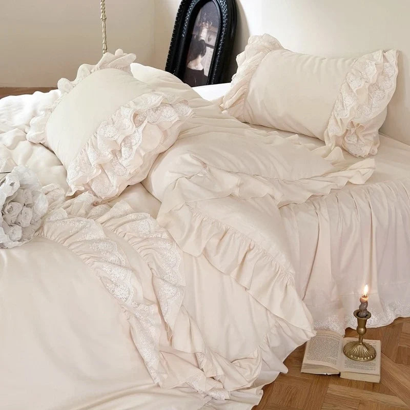 Bedding Set Cotton Satin Blend Ruffled & Lace Trim
