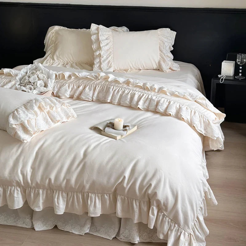Bedding Set Cotton Satin Blend Ruffled & Lace Trim