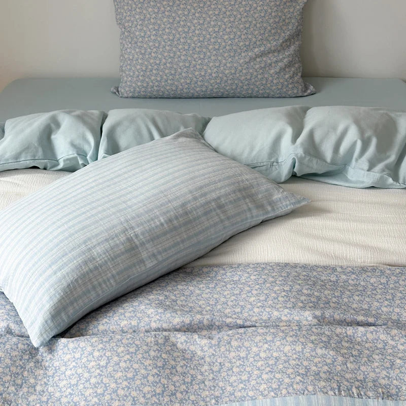 Bedding Set Cotton Satin Breathable Striped & Floral Patchwork