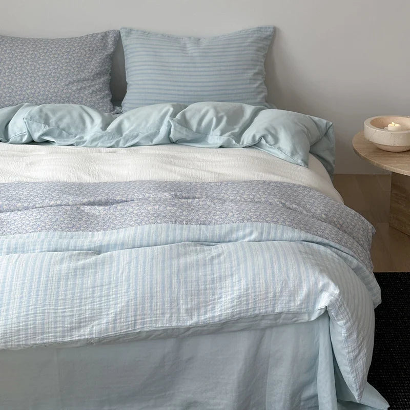 Bedding Set Cotton Satin Breathable Striped & Floral Patchwork