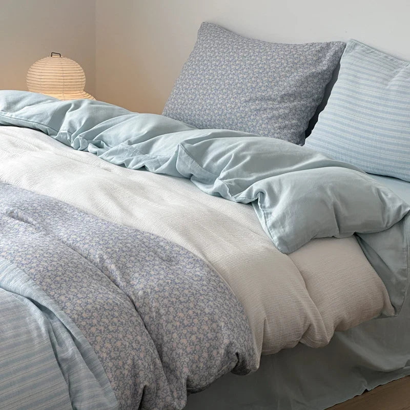 Bedding Set Cotton Satin Breathable Striped & Floral Patchwork