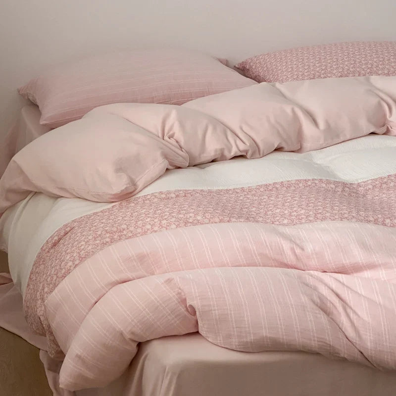 Bedding Set Cotton Satin Breathable Striped & Floral Patchwork