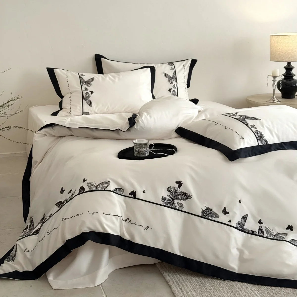 Bedding Set Cotton Satin Butterfly Embroidery Machine Washable