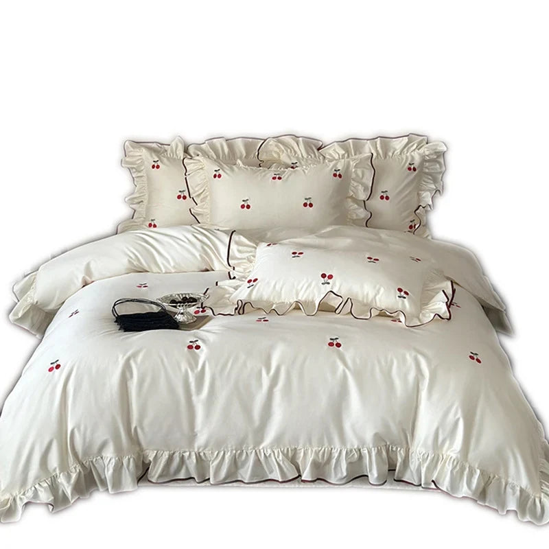 Bedding Set Cotton Satin Cherry Embroidery & Ruffle Edges