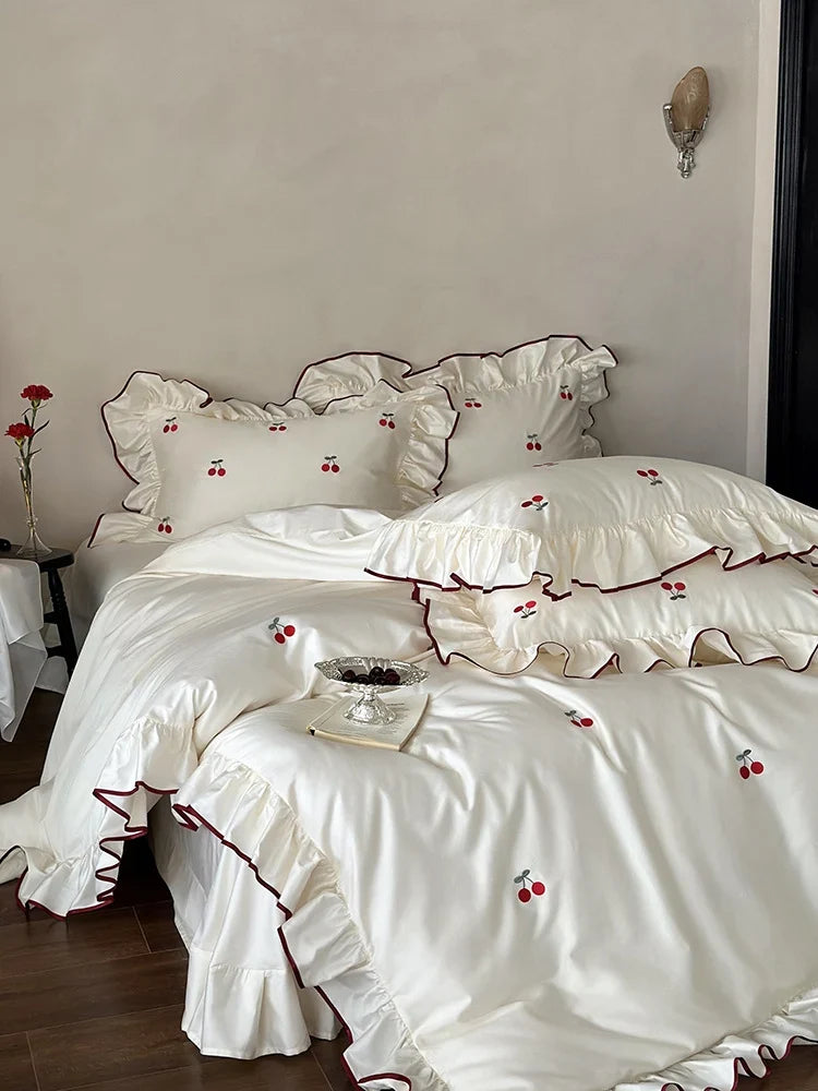 Bedding Set Cotton Satin Cherry Embroidery & Ruffle Edges