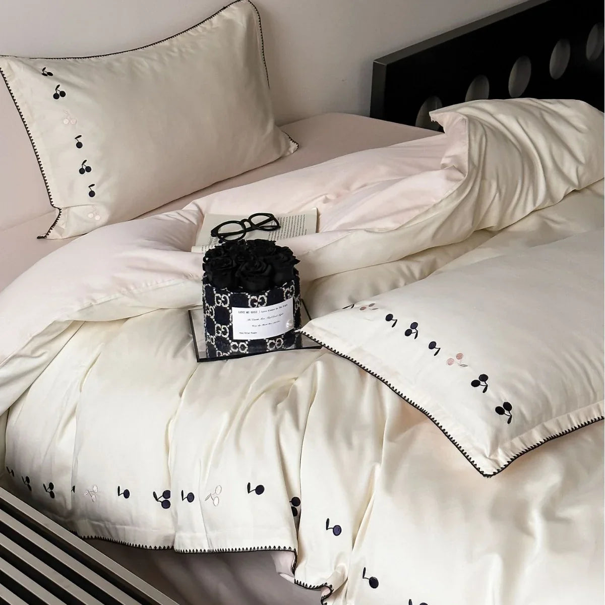Bedding Set Cotton Satin Cherry Embroidery Set of 4