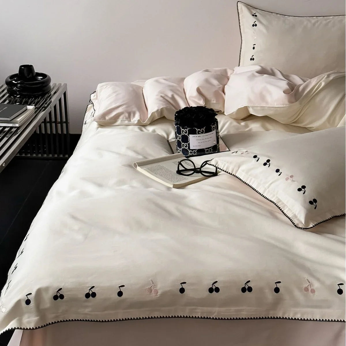 Bedding Set Cotton Satin Cherry Embroidery Set of 4