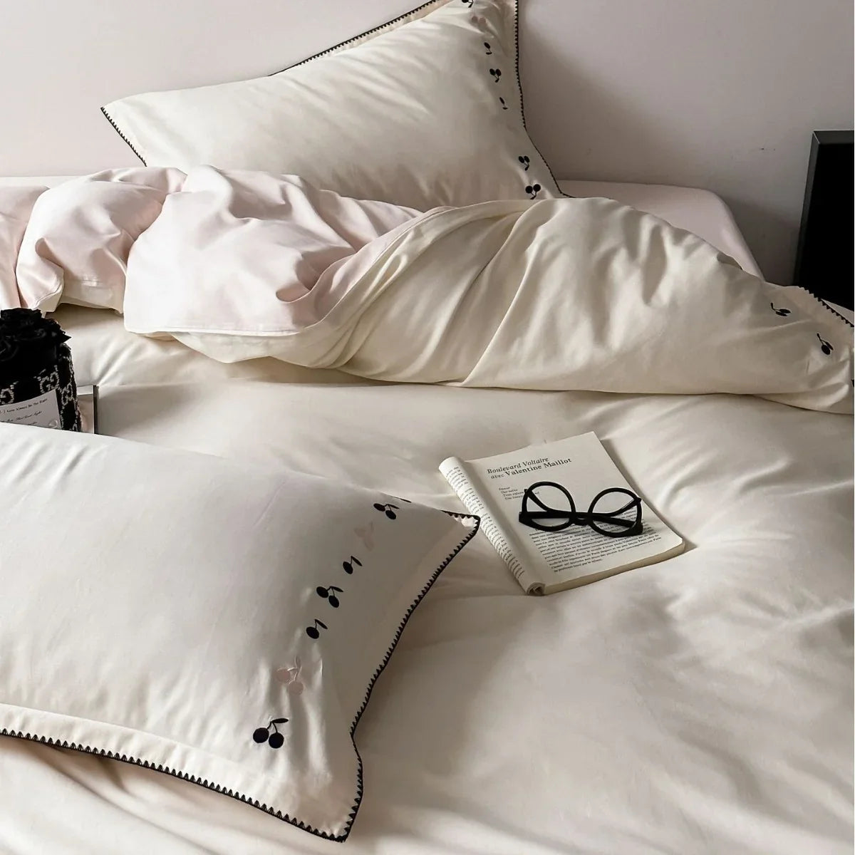 Bedding Set Cotton Satin Cherry Embroidery Set of 4