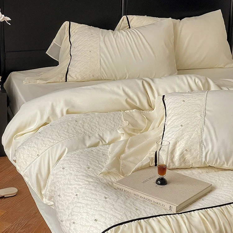 Bedding Set Cotton Satin & Chiffon Ruffles Contrast Piping
