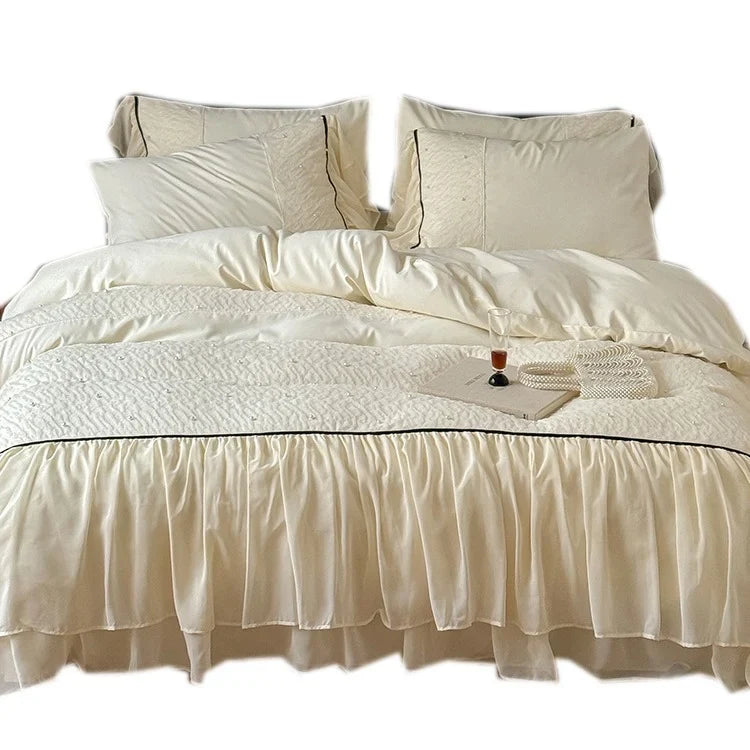 Bedding Set Cotton Satin & Chiffon Ruffles Contrast Piping